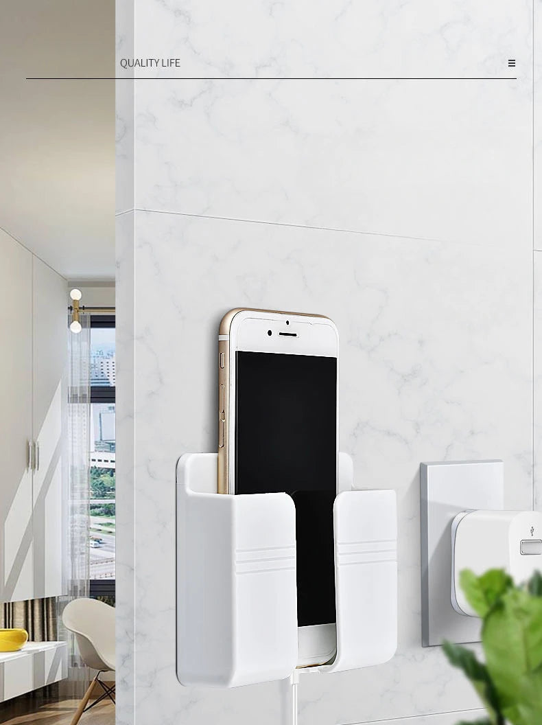 Wall Mount Phone Holder White Punch Free Wall Mobile Phones Charging Stand Lazy Sticky Remote Control Storage Box
